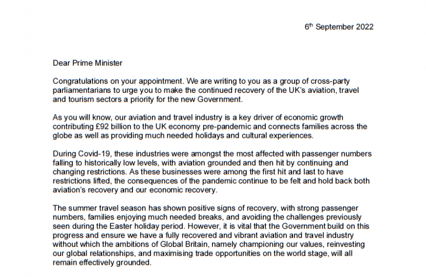 Henry Smith MP leads calls on new Prime Minister to back UK Aviation and Tourism to boost Recovery