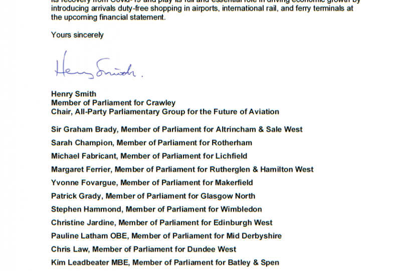 Henry Smith MP leads call for Chancellor to back up UK Aviation by introducing Duty-Free Shopping for Arrival Passengers